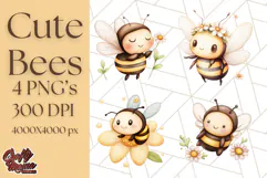 Adorable Bee Clipart PNG, Kawaii Bumblebee Illustrations Product Image 1