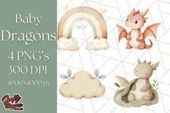 Watercolor Baby Dragon Clipart, Cute Nursery Fantasy PNG Product Image 1