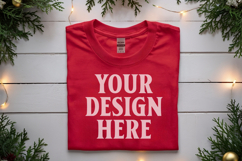 Gildan 5000 Red Folded Christmas Mockup, G5000 mockup Product Image 1
