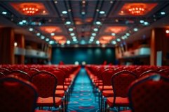 Empty conference hall with red chairs waiting for audience Product Image 1