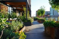 Urban oasis, rooftop garden pathway in modern city Product Image 1