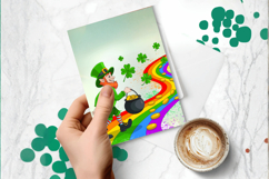 Leprechaun on Rainbow Road with Gold Greeting Card PNG Subli Product Image 1