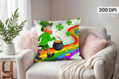 Leprechaun on Rainbow Road with Gold Pillow PNG Sublimation Product Image 1