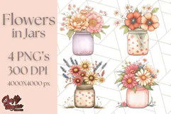 Flowers in Glass Jars PNG, Rustic Floral Watercolor Clipart Product Image 1