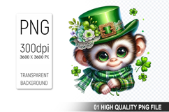 St. Patrick’s Day Monkey with Hat Clipart, Shamrocks PNG Product Image 1
