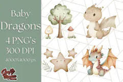 Watercolor Baby Dragon Clipart, Cute Nursery Fantasy PNG Product Image 1