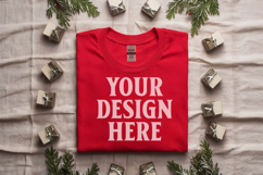 Gildan 5000 Red Folded Christmas Mockup, G5000 mockup Product Image 1