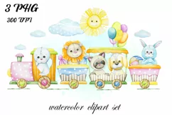 tropics watercolor clipart, trains, balloons, sun, cute anim Product Image 1