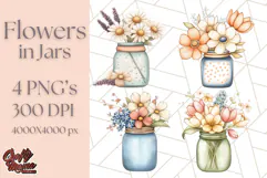 Flowers in Glass Jars PNG, Rustic Floral Watercolor Clipart Product Image 1