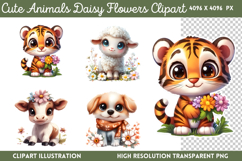 Cute Animals Daisy Flowers Clipart PNG Product Image 1