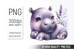 Cute Hippo Clipart PNG, Printable Animals, Wildlife Design Product Image 1