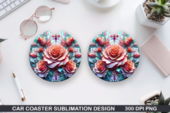 Roses Car Coaster Sublimation| Christmas Coaster PNG Design Product Image 1