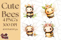 Adorable Bee Clipart PNG, Kawaii Bumblebee Illustrations Product Image 1
