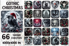 Gothic Christmas bundle — 66 square coasters with ravens, skulls, gothic Santas, Victorian/deer skulls, haunted castles and night woods, 4000x4000px PNG for sublimation, mugs, wall art.