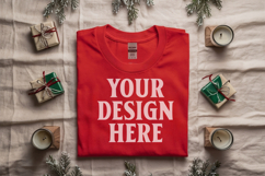 Gildan 5000 Red Folded Christmas Mockup, G5000 mockup Product Image 1