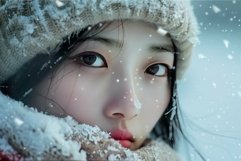 Closeup of a woman&#039;s face with snowflakes, exuding the seren Product Image 1