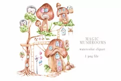 Watercolor magic mushroom house clipart. Cute hedgehogs Product Image 1