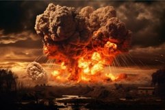 Dramatic fiery explosion with mushroom cloud over devastated Product Image 1