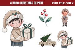 Cute Boho Christmas Watercolor Clipart PNG Product Image 1