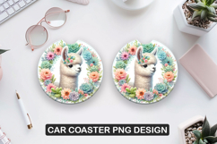 Flower Alpaca Car Coaster Sublimation| Animal Coaster PNG Product Image 1