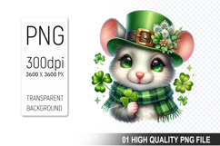 St. Patrick’s Day Mouse with Hat Clipart, Shamrocks PNG Product Image 1
