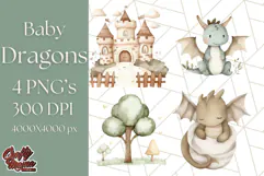 Watercolor Baby Dragon Clipart, Cute Nursery Fantasy PNG Product Image 1