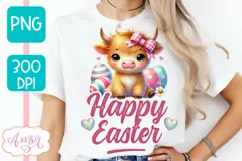 Happy Easter sublimation PNG, Cute highland cow PNG design Product Image 3