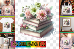 Cheerful TSHIRT Designs PNG, Book and flower Product Image 1