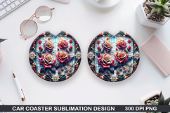 Roses Car Coaster Sublimation| Christmas Coaster PNG Design Product Image 1
