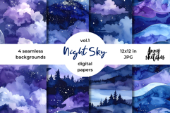 Moon &amp; Night Sky Digital Paper Watercolor Seamless Pattern Product Image 1