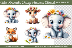 Cute Animals Daisy Flowers Clipart PNG Product Image 1