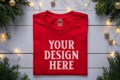 Gildan 5000 Red Folded Christmas Mockup, G5000 mockup Product Image 1