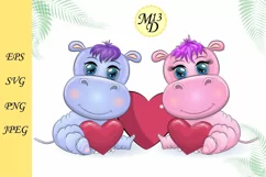 Cute cartoon couple of hippos with hearts, love concept Product Image 1