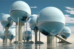 Mysterious Surreal spheres in yard of futuristic building. G Product Image 1