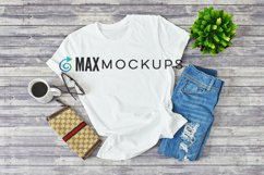 White shirt mockup women, jeans coffee flatlay stock photo Product Image 1