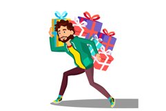 Man Carries A Lot Of Heavy Boxes With Gifts Vector. Product Image 1