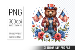4th of July Bear Clipart, Animal illustration for crafts Product Image 1