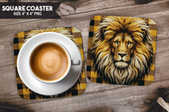 Cute Lion, Animal coaster, Buffalo Plaid Square Coaster PNG Product Image 1