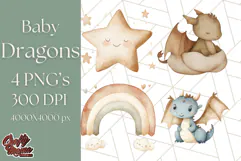 Watercolor Baby Dragon Clipart, Cute Nursery Fantasy PNG Product Image 1