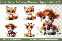 Cute Animals Daisy Flowers Clipart PNG Product Image 1