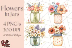 Flowers in Glass Jars PNG, Rustic Floral Watercolor Clipart Product Image 1