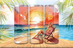 A girl enjoy the beach sitting on chair Tumbler Wrap PNG Sub Product Image 1