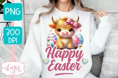 Happy Easter sublimation PNG, Cute highland cow PNG design Product Image 4