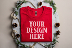 Gildan 5000 Red Folded Christmas Mockup, G5000 mockup Product Image 1