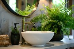 Modern bathroom sink with golden faucet and green plants bri Product Image 1