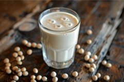 Glass of soy milk sitting on rustic wooden table with soybea Product Image 1