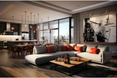 Modern urban living room interior with city view Product Image 1