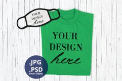 Green T-shirt & Face Mask Mockup, Folded T-shirt Mock up PSD Product Image 1