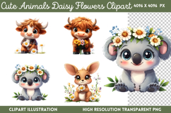 Cute Animals Daisy Flowers Clipart PNG Product Image 1