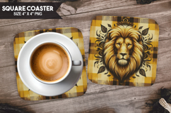 Cute Lion, Animal coaster, Buffalo Plaid Square Coaster PNG Product Image 1